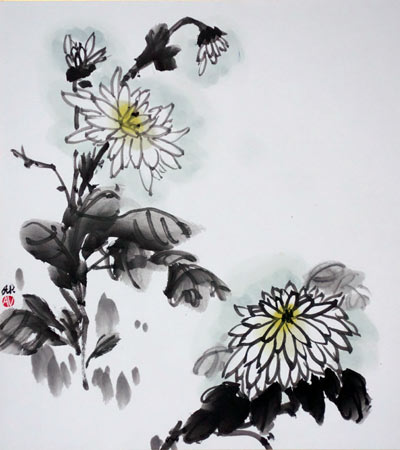 White Chrysanthemum - on shikishi board